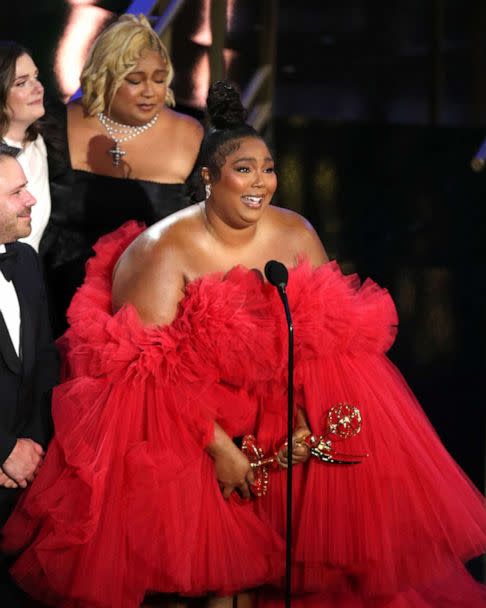 PHOTO: Lizzo accepts the Emmy for her show 'Lizzo's Watch Out for the Big Grrrls,' at the 74th Primetime Emmy Awards, in Los Angeles, on Sept. 12, 2022. (Chelsea Lauren/Shutterstock)