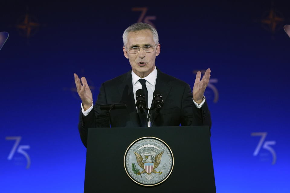 NATO Secretary General Jens Stoltenberg speaks during an event commemorating the 75th Anniversary of NATO at the Andrew W. Mellon Auditorium on the sidelines of the NATO summit in Washington on Tuesday, July 9, 2024. (AP Photo/Susan Walsh)