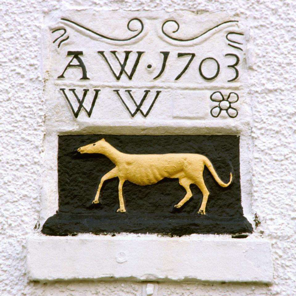 Dying breed: the historic sign of the Greyhound Hotel in Shap, Cumbria, dating from 1703 - Alamy