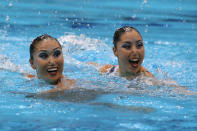 LONDON, ENGLAND - AUGUST 07: Yukiko Inui and Chisa Kobayashi of Japan compete in the Women's Duets Synchronised Swimming Free Routine Final on Day 11 of the London 2012 Olympic Games at the Aquatics Centre on August 7, 2012 in London, England. (Photo by Clive Rose/Getty Images)