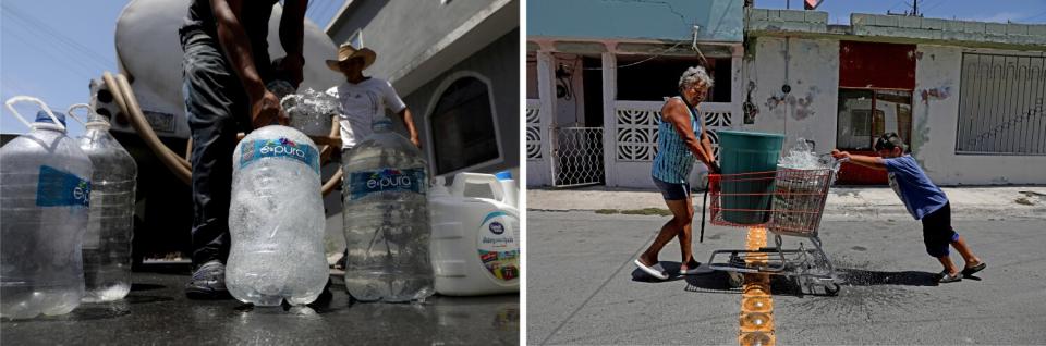 In a photo, residents fill bottles with water. In another photo, a woman and her grandson push a cart filled with water.