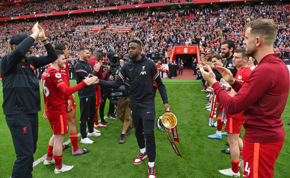 Liverpool's Divock Origi (centre) honoured at the end of the Premier League match between Liverpool and Wolverhampton Wanderers.