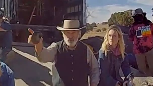 PHOTO: In this image from video released by the Santa Fe County Sheriff's Office, Alec Baldwin gestures while talking with investigators following a fatal shooting in 2021 on a movie set in Santa Fe, N.M. (Santa Fe County Sheriff's Office via AP, FILE)