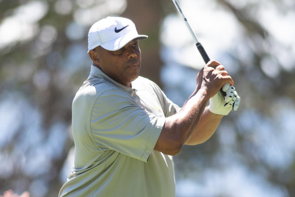 STATELINE, NV - JULY 7: NBA Hall of Famer Charles Barkley watches his drive on the 15th hole during the second practice round at the ACC Golf Championship presented by American Century Investments on July 7, 2022 at Edgewood Tahoe Golf Course in Stateline, Nevada. (Photo by David Calvert/Getty Images for American Century Investments)