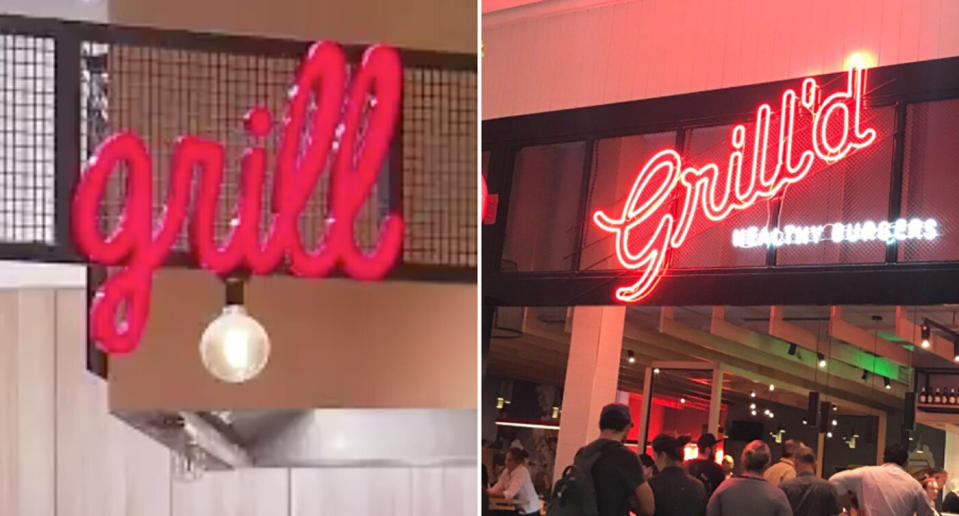 Pictured are Tender Gourmet Butchery's grill signage and a sign for burger chain Grill'd. Grill'd wants the grill sign taken down arguing it looks too similar to theirs.
