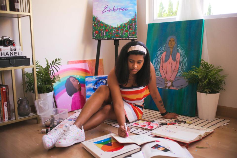 <p>Artist Sravya Attaluri working in her studio</p> (Natalie A. Chao)