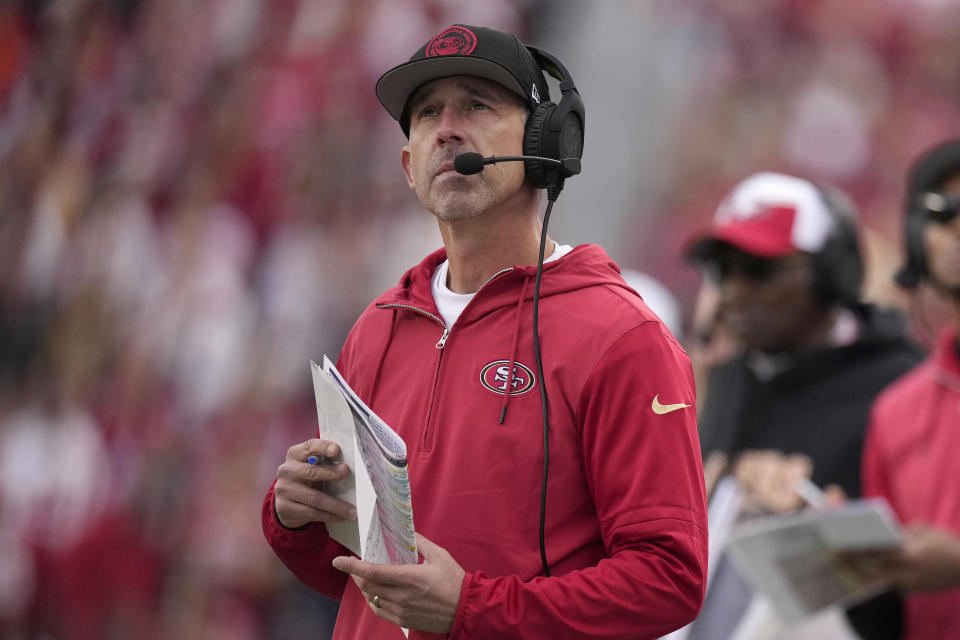 San Francisco 49ers head coach Kyle Shanahan watches from the sideline during the second half of an NFL football game against the Seattle Seahawks in Santa Clara, Calif., Sunday, Dec. 10, 2023. (AP Photo/Godofredo A. Vásquez)