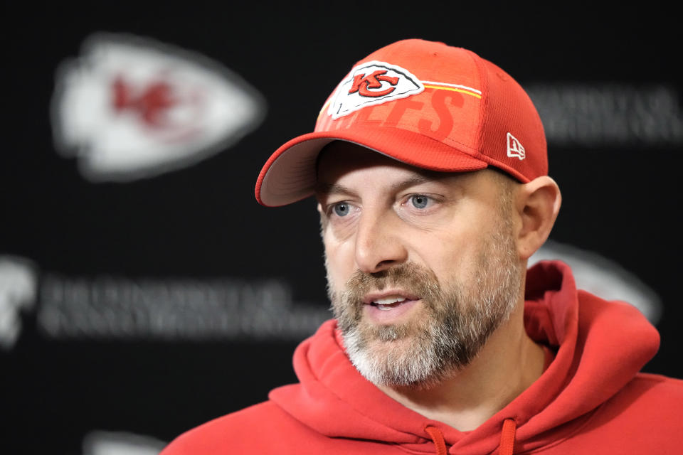 Kansas City Chiefs offensive coordinator Matt Nagy speaks to the media before the NFL football team's practice Thursday, Jan. 25, 2024, in Kansas City, Mo. (AP Photo/Charlie Riedel)