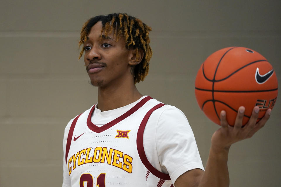 Iowa State guard Jaden Walker waits to speak to reporters during Iowa State's NCAA college basketball media day, Wednesday, Oct. 13, 2021, in Ames, Iowa. (AP Photo/Charlie Neibergall)