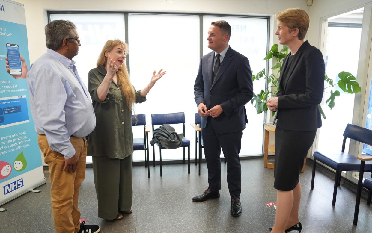 Wes Streeting, the Health Secretary, and Amanda Pritchard, the chief executive of NHS England, meet patients during a visit to the Abbey Medical Centre in Abbey Wood, Bexley