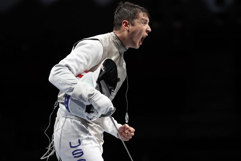 Gerek Meinhardt of Team United States celebrates after defeating Team Germany to advance to the Sem-finals in Men's Fencing Foil Team Quarterfinal on day nine of the Tokyo 2020 Olympic Games at Makuhari Messe Hall on August 01, 2021 in Chiba, Japan.