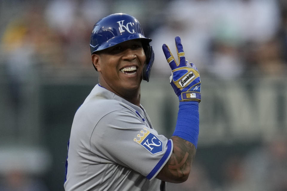 Kansas City Royals' Salvador Perez reacts after hitting a two-RBI double during the second inning of a baseball game against the San Diego Padres, Tuesday, May 16, 2023, in San Diego. (AP Photo/Gregory Bull)