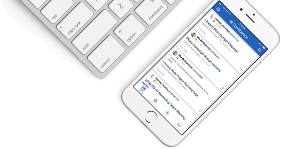 A smartphone running Atlassian's Confluence app.