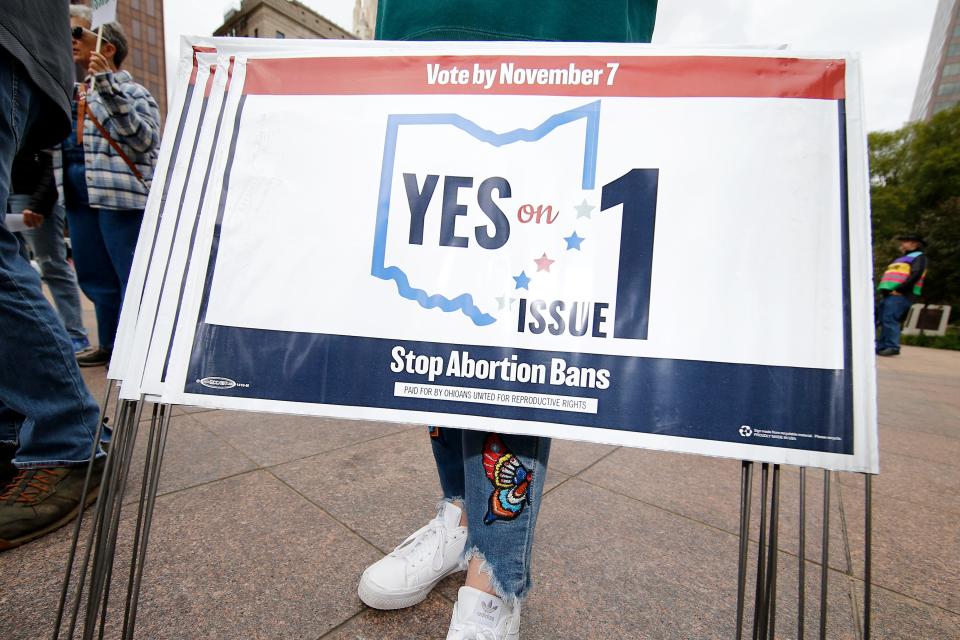 Supporters of Issue 1, the Right to Reproductive Freedom amendment, attend a rally held by Ohioans United for Reproductive Rights at the Ohio Statehouse in Columbus, Ohio, Sunday, Oct. 8, 2023.