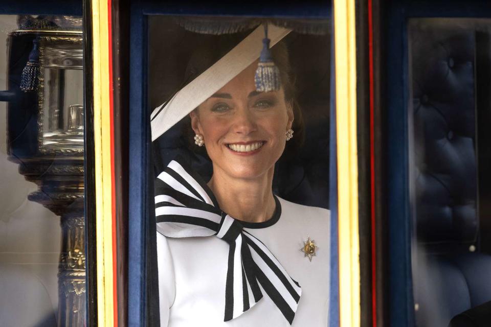 <p>Samir Hussein/WireImage</p> Kate Middleton arrives at Trooping the Colour on June 15, 2024