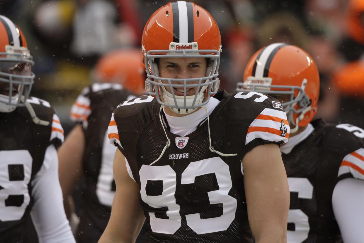 Cleveland Browns linebacker Jason Trusnik (93) during pre-game warm ups before the teams NFL football game against the Jacksonville Jaguars on Sunday, Jan. 3, 2010, in Cleveland. (AP Photo/Amy Sancetta)