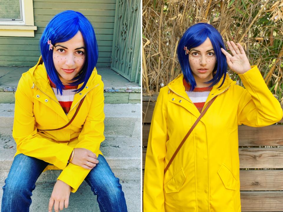 Two photos of a person sitting and standing up in a Coraline costume