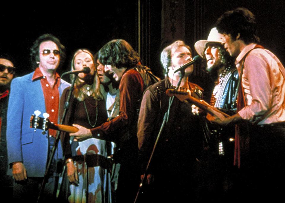 Dr. John, Neil Diamond, Joni Mitchell, Neil Young, Rick Danko, Van Morrison, Bob Dylan and Robbie Robertson in the 1978 documentary "The Last Waltz."