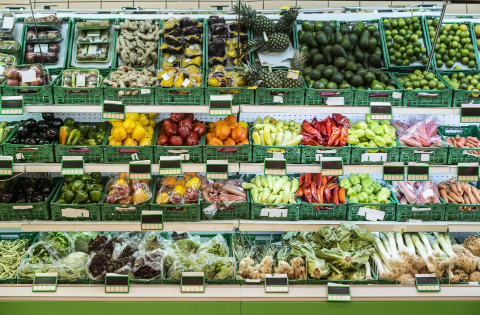 Fruits and vegetables in a supermarket.