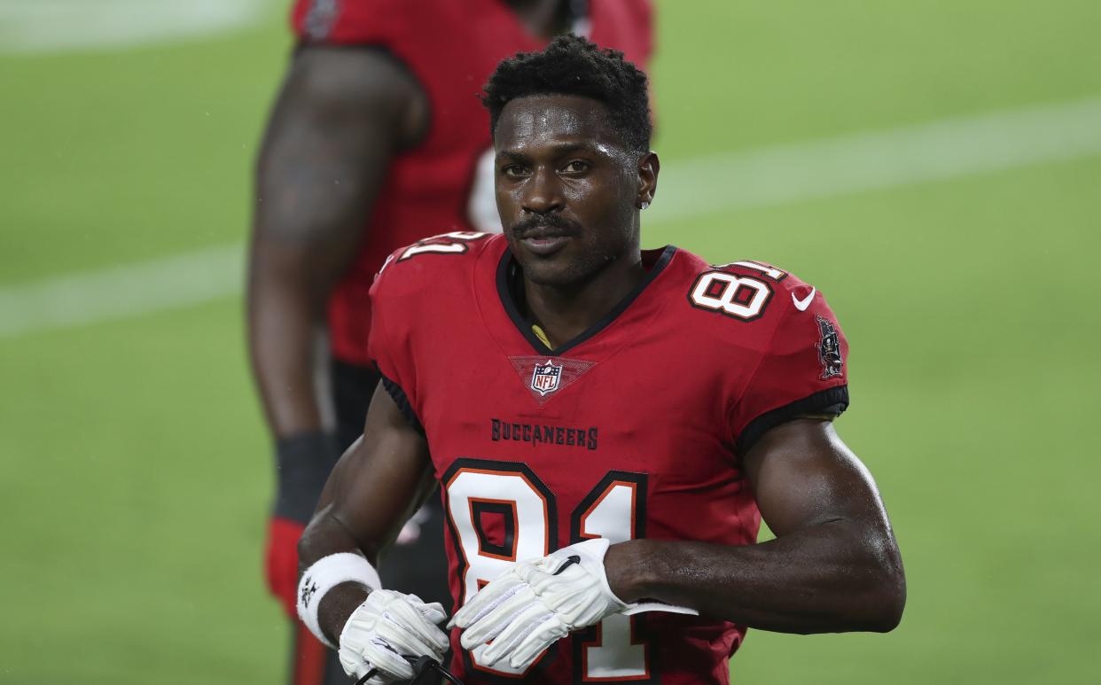 FILE - Tampa Bay Buccaneers wide receiver Antonio Brown (81) before an NFL football game against the New Orleans Saints Sunday, Nov. 8, 2020, in Tampa, Fla. 