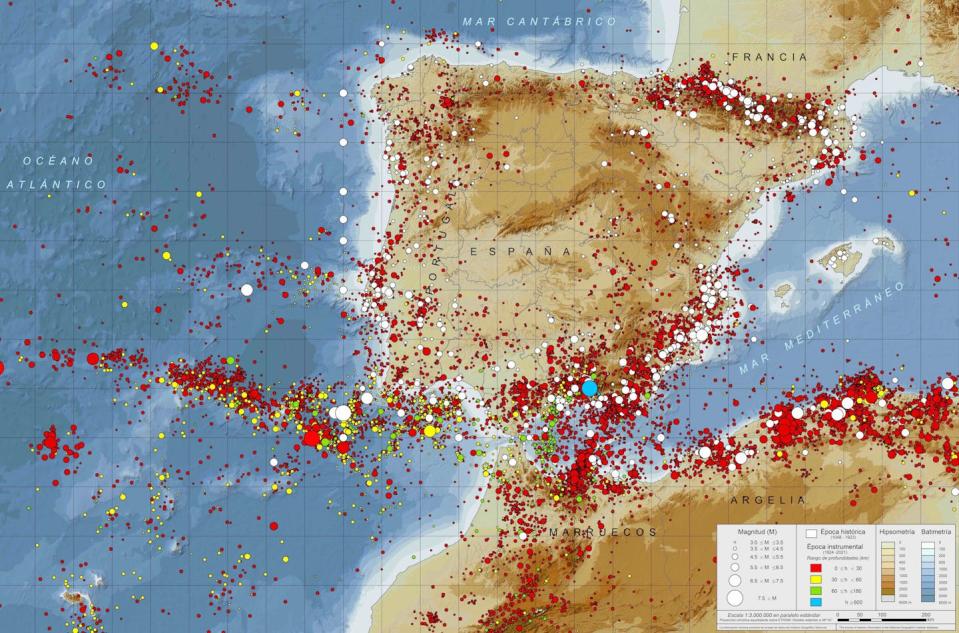 Sismos en la península ibérica y proximidades entre 1924 y 2021. <a href="https://www.ign.es/web/mapas-sismicidad" rel="nofollow noopener" target="_blank" data-ylk="slk:IGN;elm:context_link;itc:0" class="link ">IGN</a>