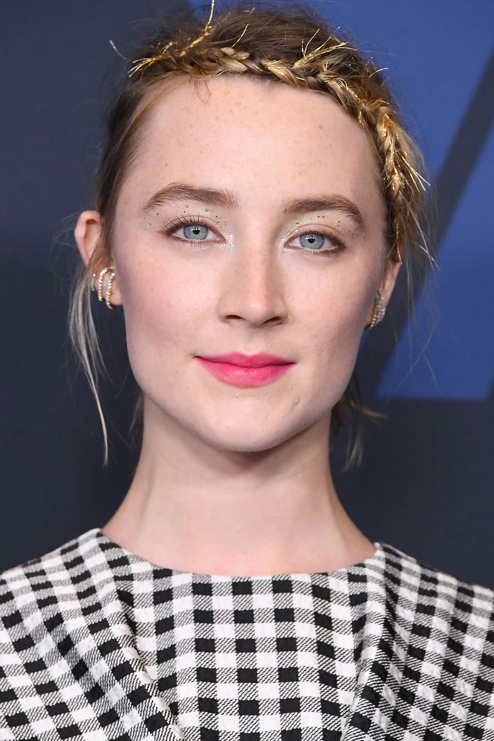 <p>For a new take on a Heidi braid, incorporate some festive fabric into yours. As Saoirse Ronan demonstrates, it looks gorgeous with glitter make-up. </p>