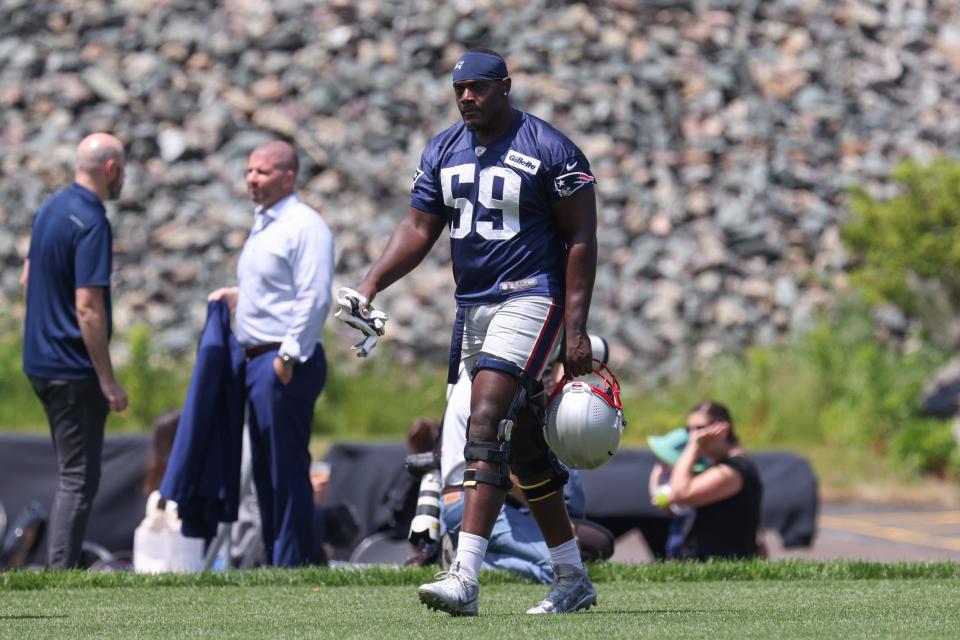 Defensive end Sam Roberts, seen here during minicamp in early June, is behind several veterans for a roster spot.