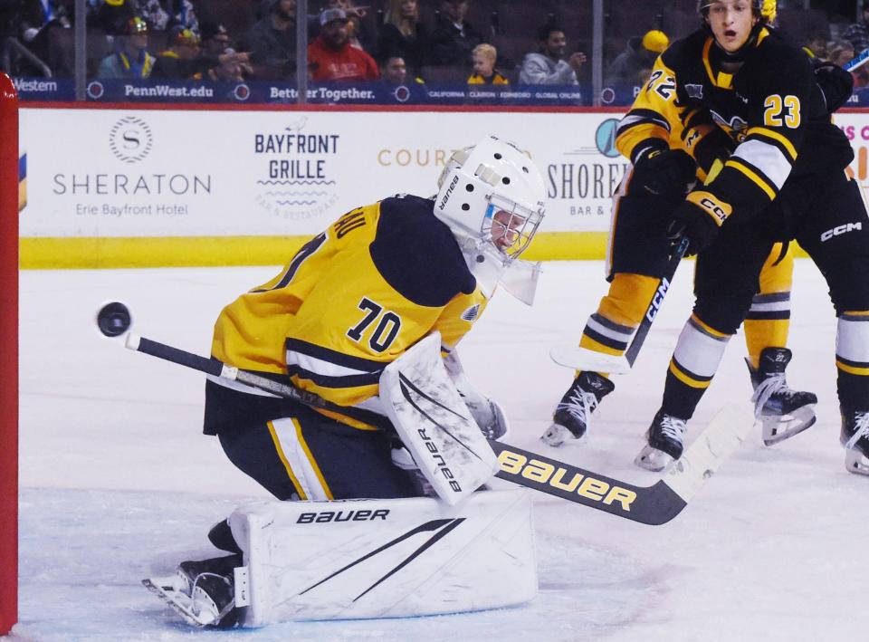 Erie Otters goalie Ben Gaudreau stops a shot against the Sarnia Sting at Erie Insurance Arena in Erie on Oct. 21, 2023.