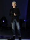 Ellen DeGeneres speaks at the "A Decade of Difference" concert at the Hollywood Bowl in Los Angeles, Saturday, Oct. 15, 2011. The concert is part of “Decade of Difference” weekend, which celebrates 10 years of the William J. Clinton Foundation. (AP Photo/Matt Sayles)