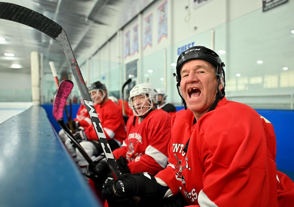 Fran Witkowski, 67, of Leicester yells from the bench during Central Mass Rusty Blades practice at Buffone Arena.