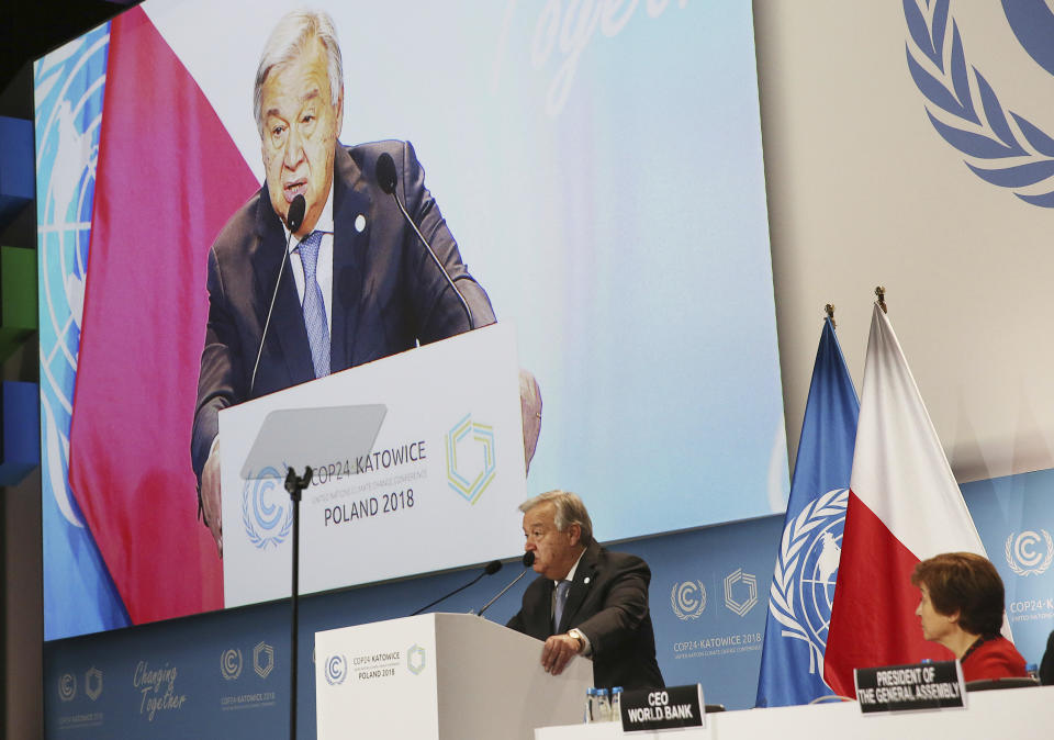 UN Secretary General Antonio Guterres delivers a speech WLduring the opening of COP24 UN Climate Change Conference 2018 in Katowice, Poland, Monday, Dec. 3, 2018.(AP Photo/Czarek Sokolowski)