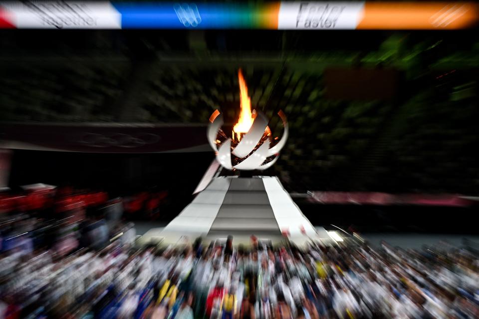 The Olympic Cauldron and the Olympic flame are pictured during the closing ceremony of the Tokyo 2020 Olympic Games, on August 8, 2021 at the Olympic Stadium in Tokyo. (Photo by Jewel SAMAD / AFP) (Photo by JEWEL SAMAD/AFP via Getty Images)