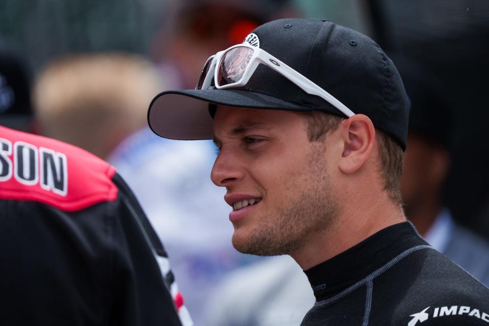 Dreyer & Reinbold Racing driver Santino Ferrucci (23) prepares for his practice run Friday, May 27, 2022, during Carb Day at Indianapolis Motor Speedway.