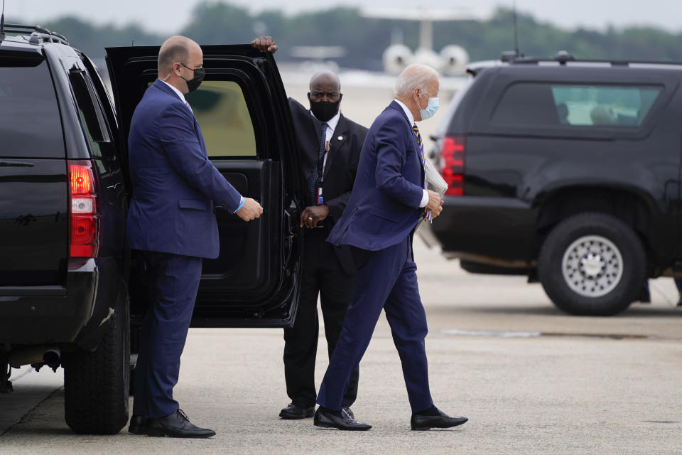 President Joe Biden arrives to board Air Force One, Friday, Sept. 17, 2021, at Andrews Air Force Base, Md. Biden is spending the weekend at his home in Rehoboth Beach, Del. (AP Photo/Patrick Semansky)