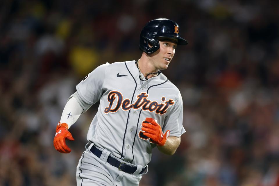 Detroit Tigers' Kerry Carpenter runs on his solo home run against the Boston Red Sox during the fifth inning of a baseball game Friday, Aug. 11, 2023, in Boston. (AP Photo/Michael Dwyer)