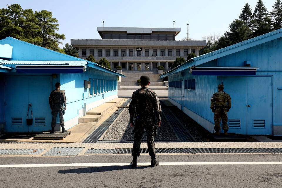 South Korean soldiers stand guard at the border village of Panmunjom between South and North Korea at the Demilitarized Zone (DMZ) on April 18, 2018 in Panmunjom, South Korea. / Credit: Chung Sung-Jun/Getty