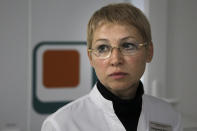 Dr. Natalia Soloshenko of Infectious Hospital No. 23 in Nizhny Novgorod, Russia, talks about the coronavirus on Wednesday, Oct. 20, 2021. At the hospital where the seriously ill patients lie in wards with little space between their beds, Soloshenko is battered by the onslaught. “I can tell you that out of every 50 admitted, only one or two of them are vaccinated," the chief doctor told The Associated Press. “The whole ICU is full of highly critical patients; all of those patients are unvaccinated.” ​(AP Photo/Roman Yarovitcyn)