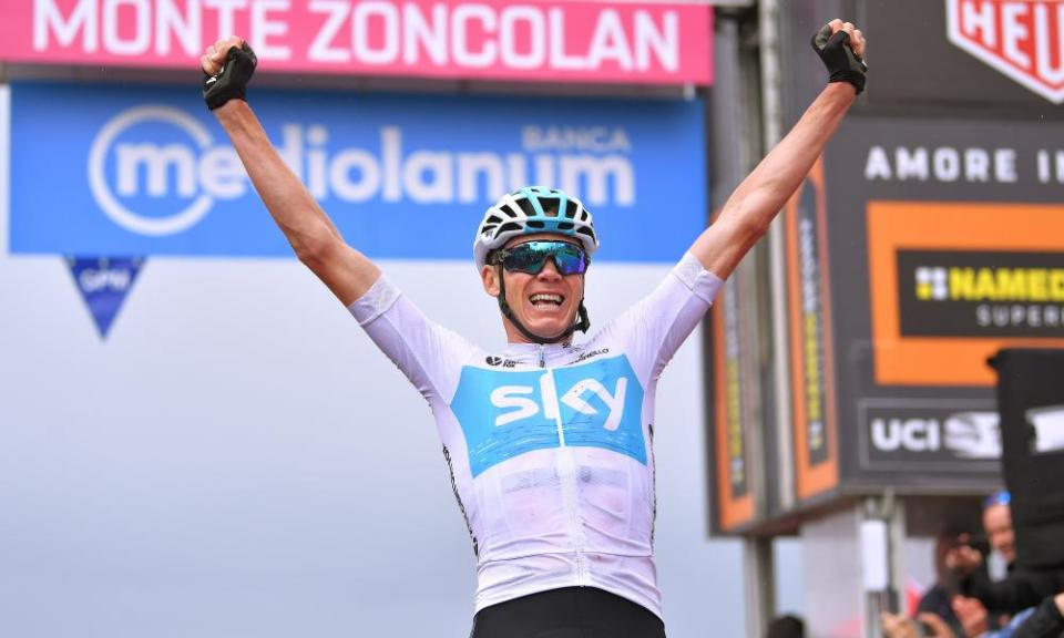 Christopher Froome of Team Sky celebrates after winning stage 14.