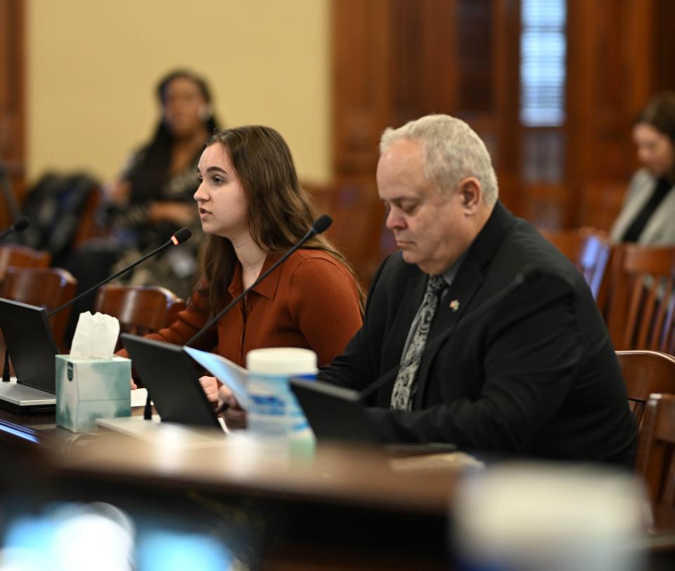 Lauryn Russell, left, a homeschool senior from Mercer County spoke to the House Elementary and Secondary Education: School Curriculum and Policies Committee earlier this month in support of House Bill 4274. The bill, which was passed out of committee, is sponsored by Rep. Dan Swanson (R-71), right.