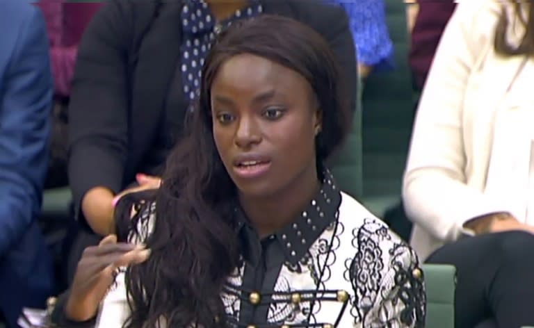 England women's football player Eni Aluko gives evidence to the Digital, Culture, Media and Sport select committee of MPs at the Houses of Parliament in London on October 18, 2017