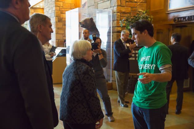 Barkan (right) speaks with then-Federal Reserve Chair Janet Yellen in Jackson Hole, Wyoming, in August 2014. Barkan pioneered a pro-worker campaign to lobby the Fed.