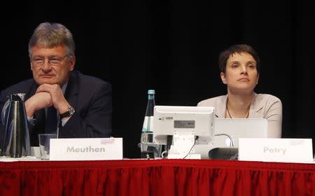 Party leaders Frauke Petry and Joerg Meuthen of Germany's anti-immigration party Alternative for Germany (AFD) during an AFD party congress in Cologne Germany, April 23, 2017. REUTERS/Wolfgang Rattay