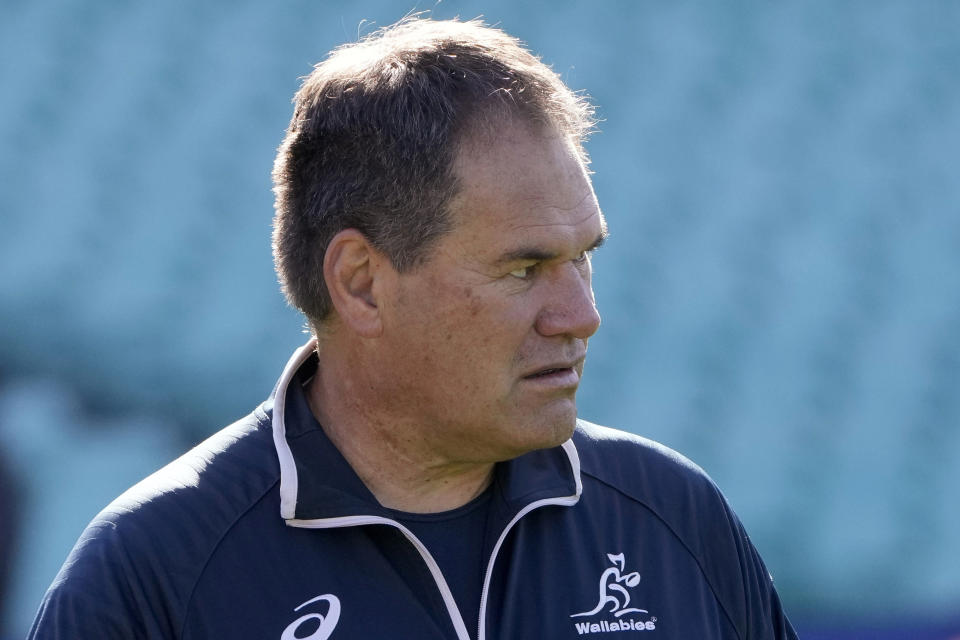 Australian rugby union head coach Dave Rennie watches his team train in Sydney, on July 15, 2022, before their test against England. Rugby Australia said Monday, Jan. 16, 2023, it has hired Eddie Jones to be the head coach of the Wallabies and that current head coach Rennie "will depart the position." (AP Photo/Rick Rycroft)