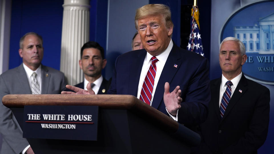 President Donald Trump speaks during a coronavirus task force briefing at the White House, Friday, March 20, 2020, in Washington. (Evan Vucci/AP)