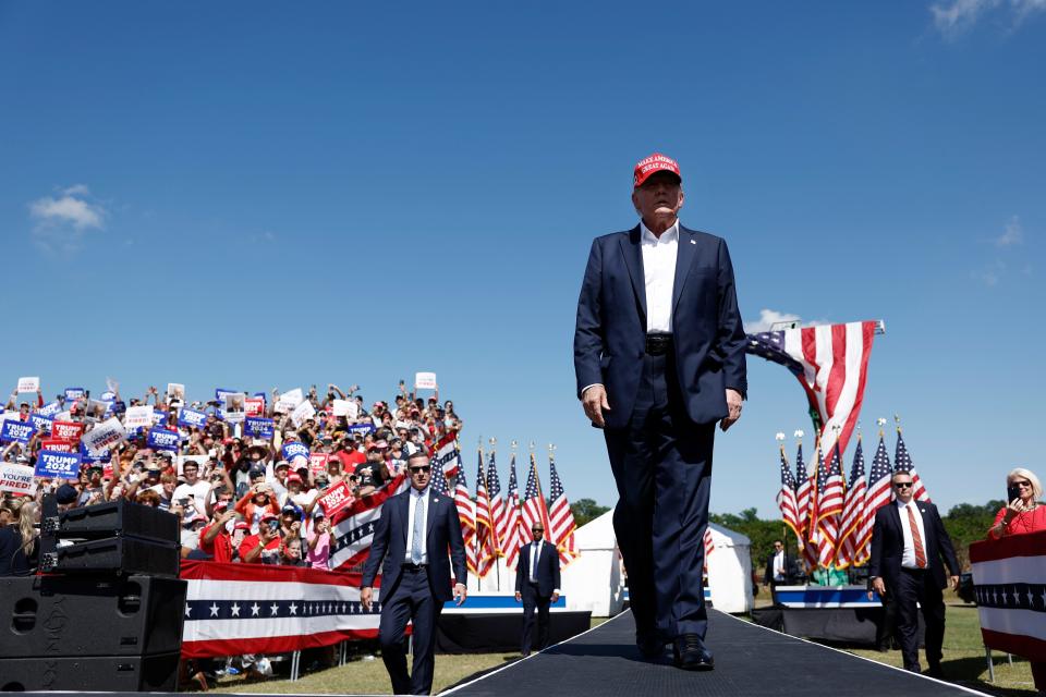 CHESAPEAKE, VIRGINIA - JUNE 28: Republican presidential candidate, former U.S. President Donald Trump arrives for campaign rally at Greenbrier Farms on June 28, 2024 in Chesapeake, Virginia. Last night Trump and U.S. President Joe Biden took part in the first presidential debate of the 2024 campaign. (Photo by Anna Moneymaker/Getty Images)