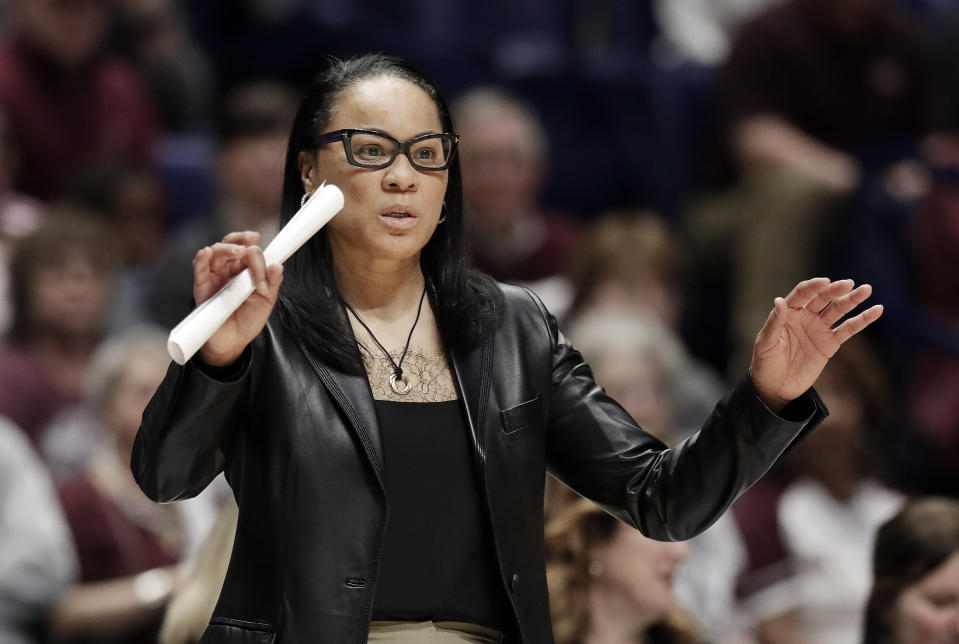 South Carolina head coach Dawn Staley settled a defamation suit against Missouri AD Jim Sterk after he accused her of inciting to fans to spit and use racial slurs. (AP)