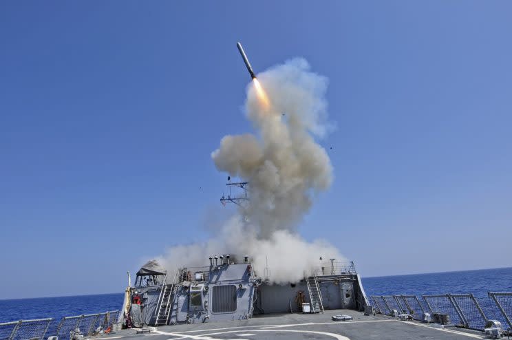 A Tomahawk cruise missile being fired from the USS Barry