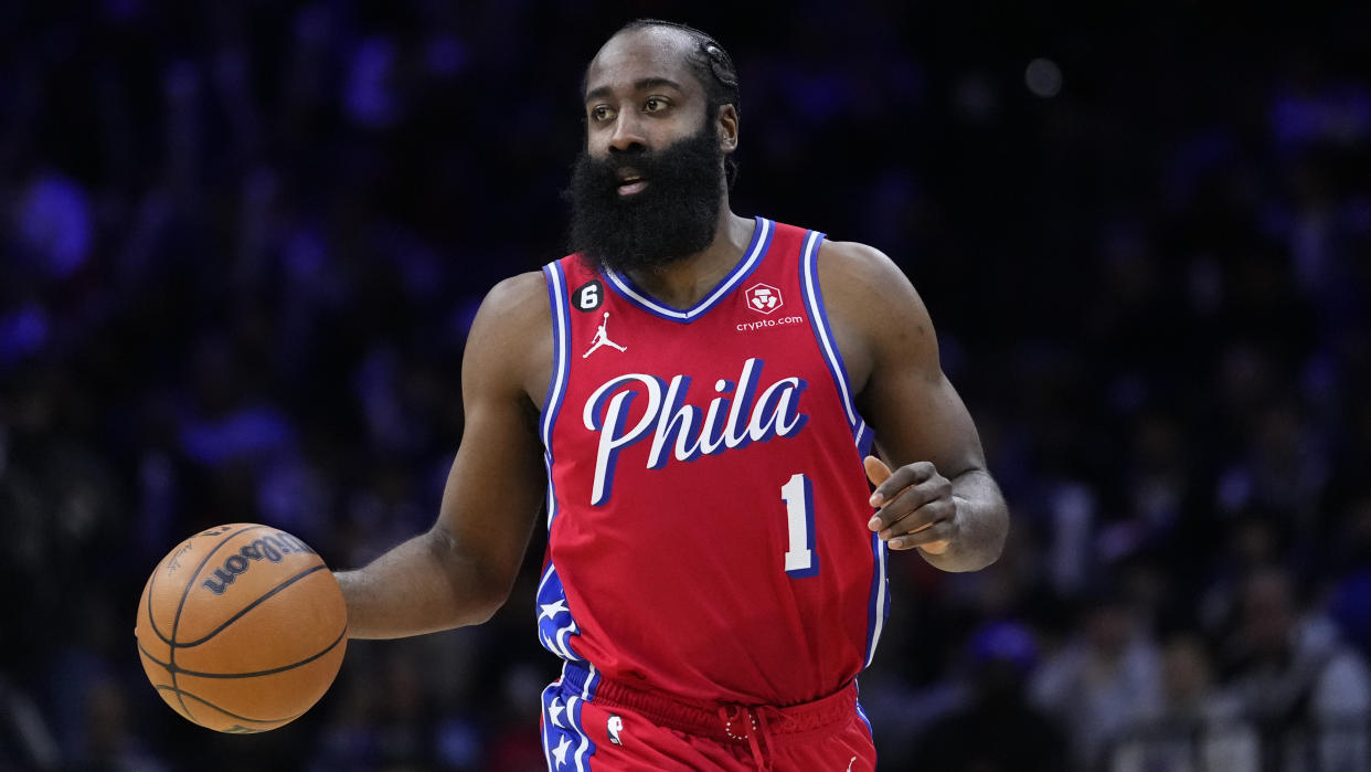 Philadelphia 76ers' James Harden plays during an NBA basketball game, Friday, Dec. 23, 2022, in Philadelphia. (AP Photo/Matt Slocum)