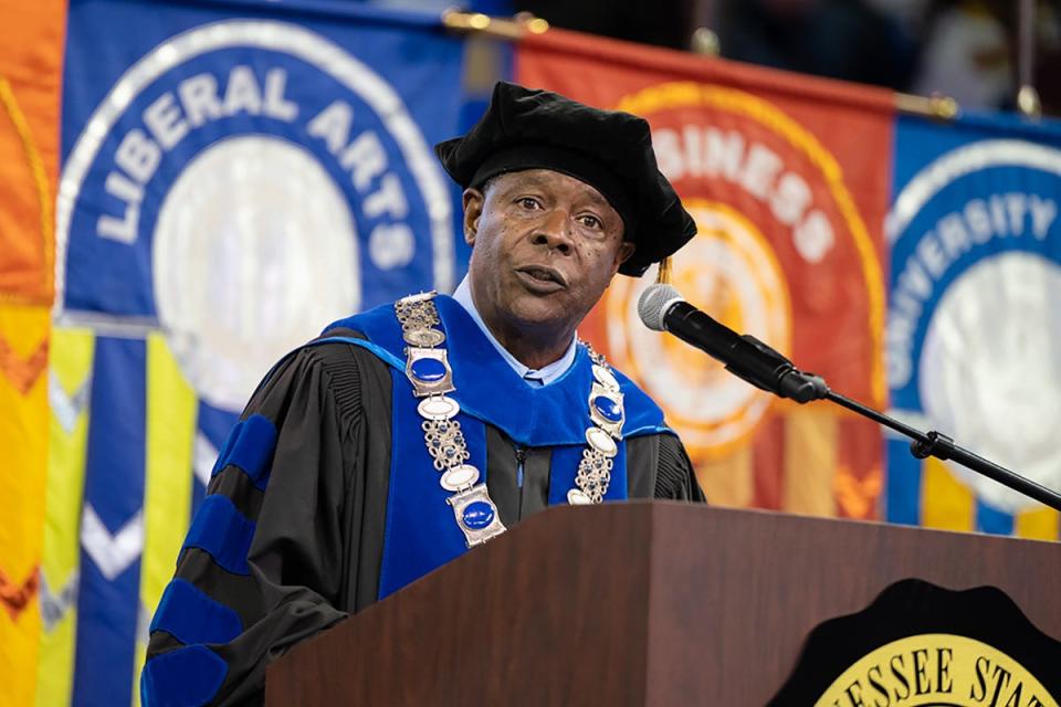 Middle Tennessee State University President Sidney A. McPhee tells graduates they "represent a bright future for our great state" Aug. 6 at the university's summer commencement ceremony inside Murphy Center. MTSU presented 857 degrees to undergrad and graduate students during the event, which concludes the university's 111th academic year.