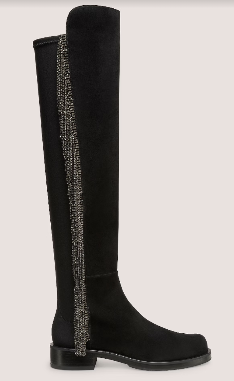 A product shot of the 5050 Bold Crystal Fringe boots from Stuart Weitzman